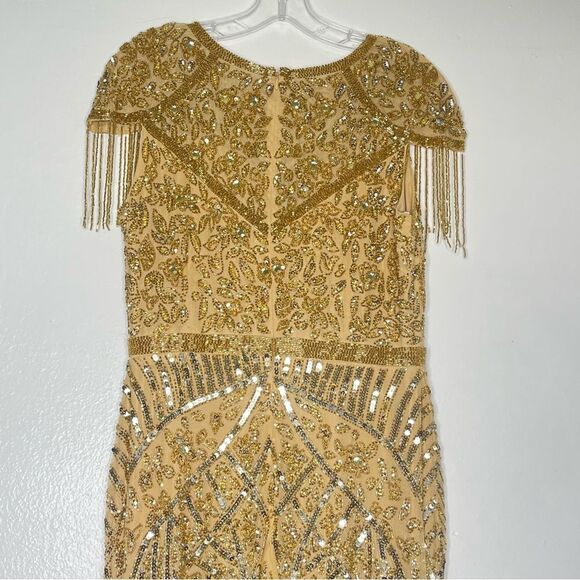 Mac Duggal 4715 Size 12 Embellished Fringe Cap Sleeve Trumpet Gown, Light Gold - Picture 6 of 10